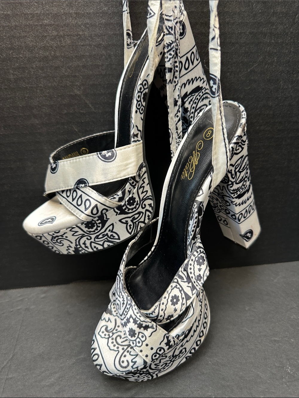 Bandana-Print Platform Heels with Satin Ankle Tie in Black & White